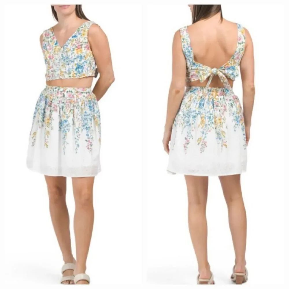 🩵NWT Japna White Floral Embroider Lace Sleeveless Top/Skirt Set Large